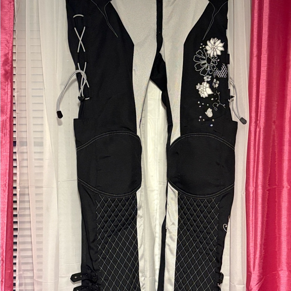Black Floral-Detail motorcycle pants